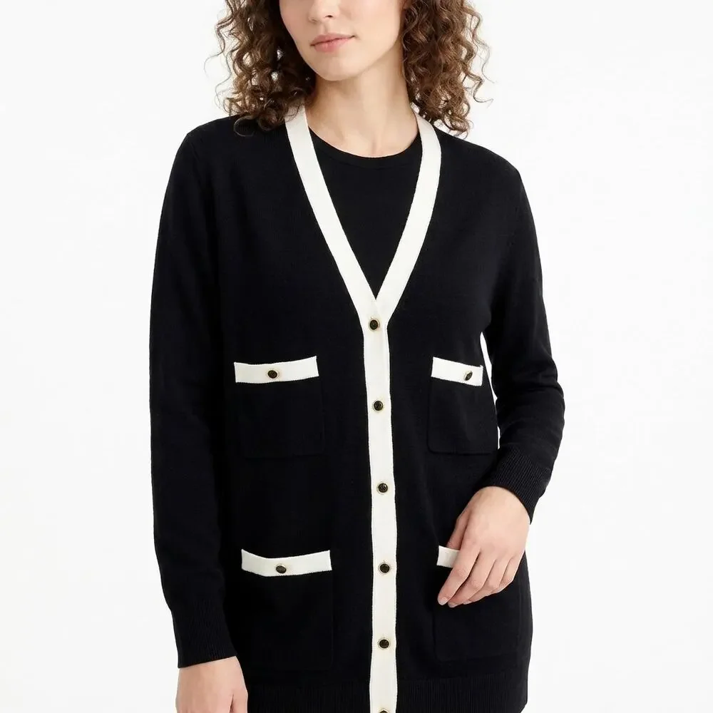 J.Crew 100% Merino Wool Black V-Neck Button Sweater Women Size L